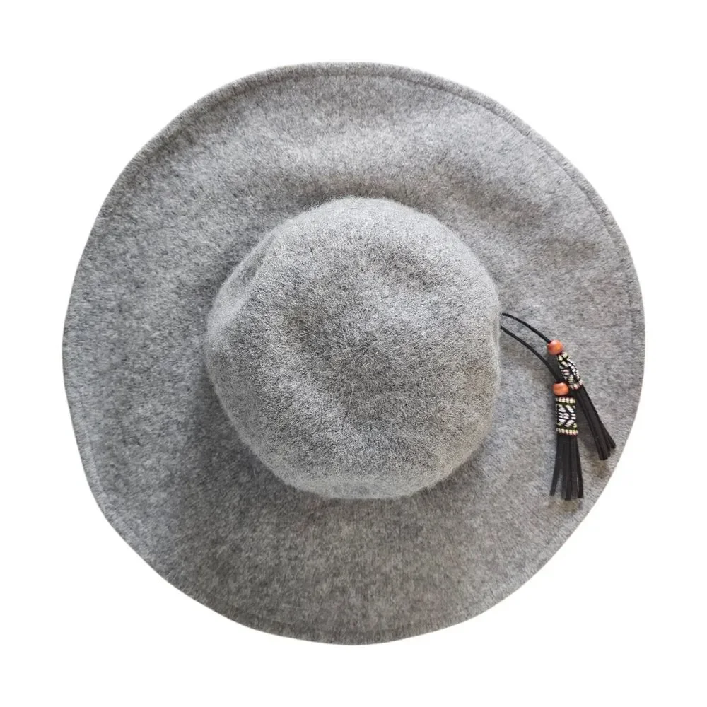 NWT‎ Adora Wide Brim 100% Wool Felted Gray Hat Fringe Southwest Boho Floppy OS